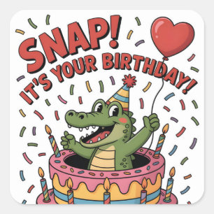 Cute Alligator Verjaardagstaart Feest Design Vierkante Sticker
