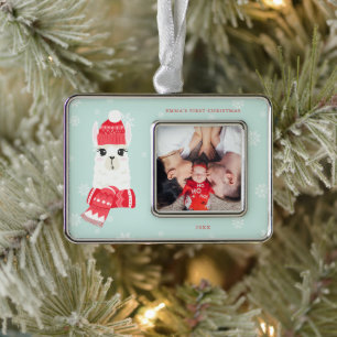 Cute Alpaca Baby eerste kerstfoto Aangepaste foto Verzilverd Kader Ornament