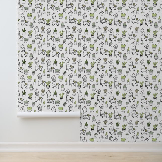 Cute Alpaca & Cactus Pattern Behang (Applicatie)