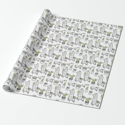 Cute Alpaca & Cactus Pattern Cadeaupapier (Uitgerold)