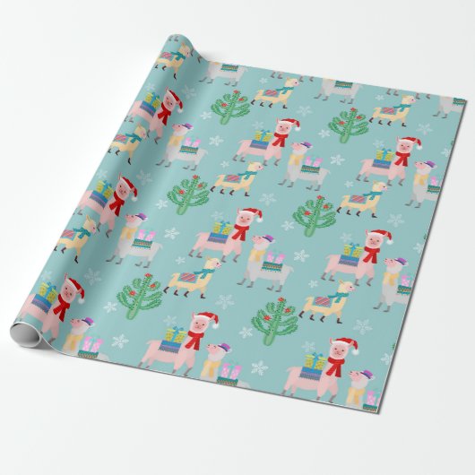 Cute Alpaca Kerstmis Pattern Cadeaupapier (Uitgerold)