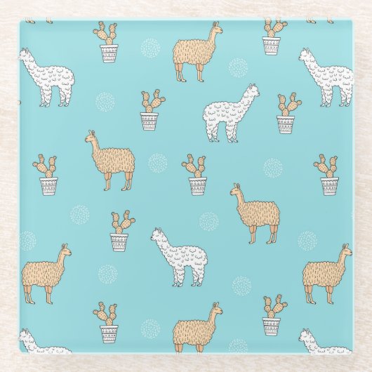 Cute Alpaca Llama Cactus Pattern Glazen Onderzetter (Voorkant)