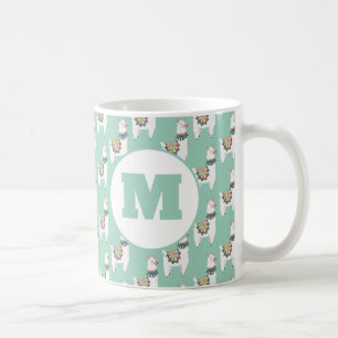 Cute Alpaca Llama Mint Green Monogram Koffiemok