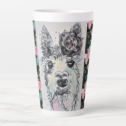 Cute Alpacca Llama Rozen Waterverf Latte Mok (Voorkant)