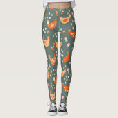 Cute Amusant Vert Orange Floral Poulet Leggings (Devant)