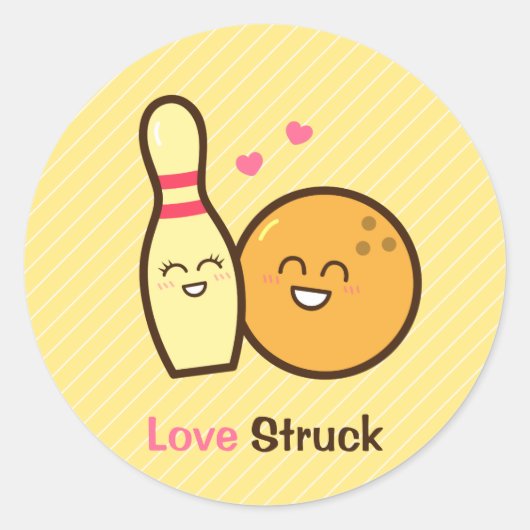 Cute Amusing Bowling Ball and Pin Love Struck Ronde Sticker (Voorkant)