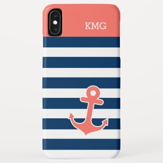 Cute Anchor Monogrammen in Trendy Coral Navy Strip Case-Mate iPhone Case (Achterkant)