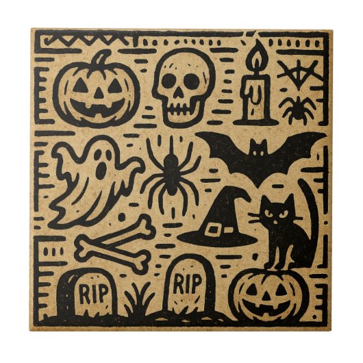 Cute ancient hieroglyph pumpkin and bat Halloween Tegeltje (Voorkant)