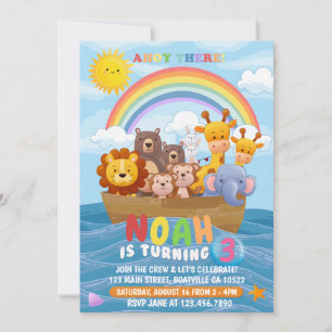 Cute and colorful Noah's Ark Birthday Invitation Kaart