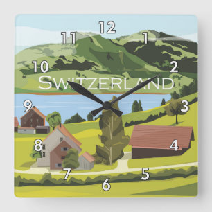 Cute and Colorful Zwitserland Cartoon Drawing Vierkante Klok