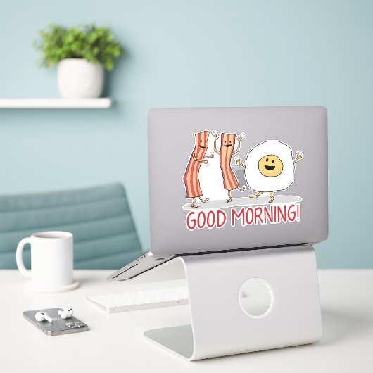 Cute and Funny Bacon and Egg Good Morning Sticker (Laptop op bureau)