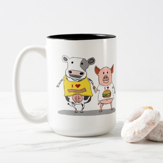 Cute and Funny Cow and Pig Friends Tweekleurige Koffiemok (Met donut)