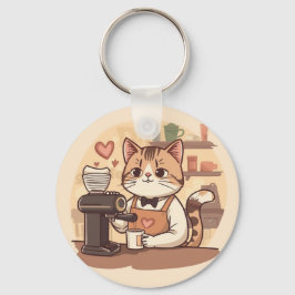 Cute and Funny Cozy Cartoon Barista Cat  Sleutelhanger