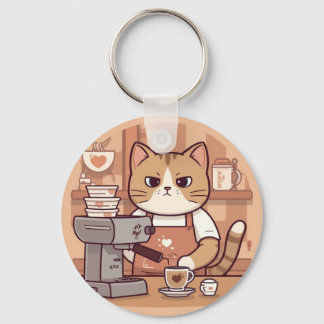 Cute and Funny Cozy Cartoon Barista Cat  Sleutelhanger