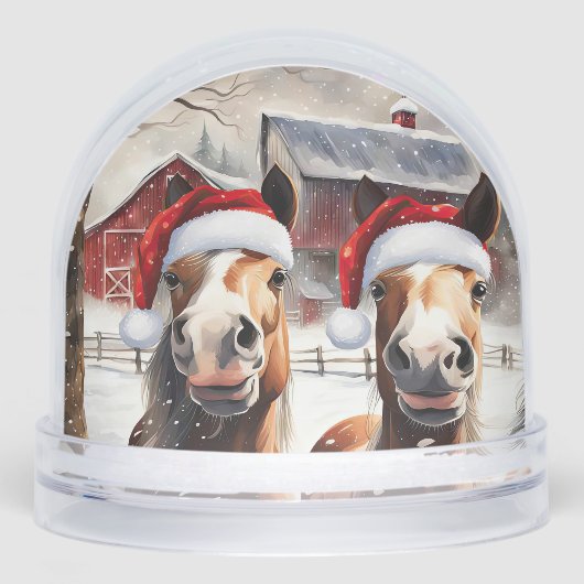 Cute and Funny Horses in Snow Christmas Sneeuwbol (Voorkant)