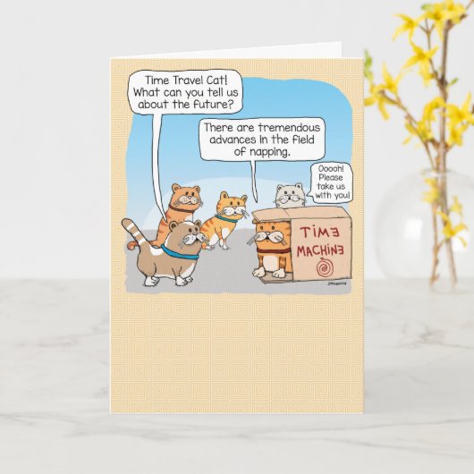 Cute and Funny Time Traveling Cat in Box Birthday Kaart (Gele Bloem)