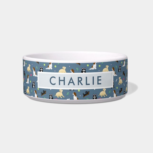 Cute and Modern Blue Dog Pattern Voerbakje (Voorkant)