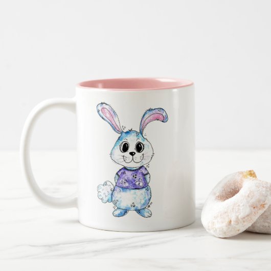 Cute and Whimsical Blue Bunny Tweekleurige Koffiemok (Met donut)