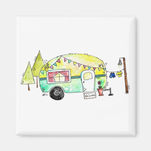 Cute and Whimsical Retro Happy Camper Magneet (Voorkant)