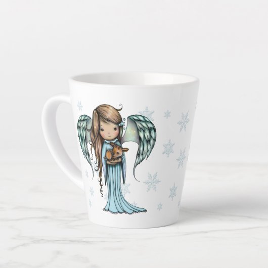 Cute Angel die Fawn vasthoudt in Snowflakes kerst Latte Mok (Linkerhoek)