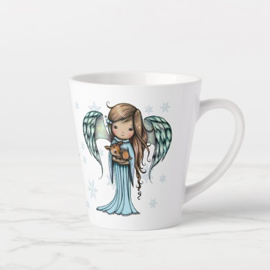 Cute Angel die Fawn vasthoudt in Snowflakes kerst Latte Mok (Rechts)