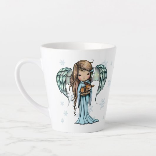 Cute Angel die Fawn vasthoudt in Snowflakes kerst Latte Mok (Links)