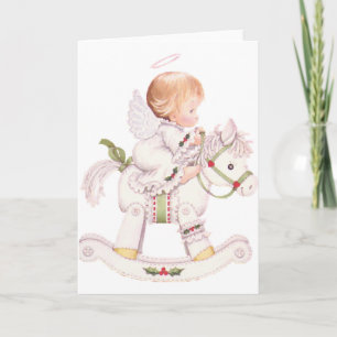 Cute Angel op een White Kerstmis Rocking Horse Feestdagen Kaart