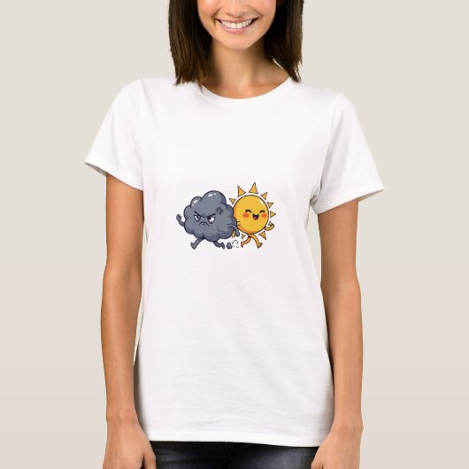 Cute Angry Grey Rain Cloud Chasing Happy Smiling T-shirt (Voorkant)