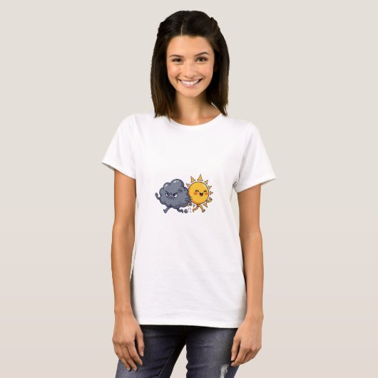 Cute Angry Grey Rain Cloud Chasing Happy Smiling T-shirt (Voorkant volledig)