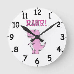 Cute Angry Pink Cartoon T-Rex Dino With Numbers Ronde Klok