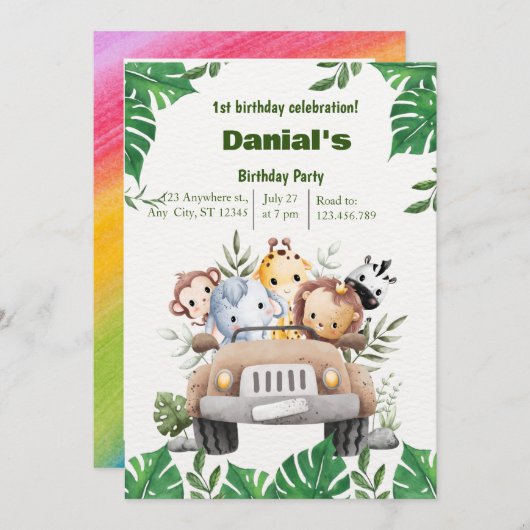 Cute Animal 1er anniversaire invitation (Devant / Derrière)
