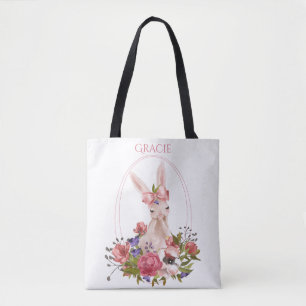 Cute Animal Bunny Floral Waterverf Name Draagtas