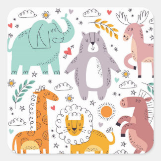 Cute Animal Cartoon Collectie Vierkante Sticker