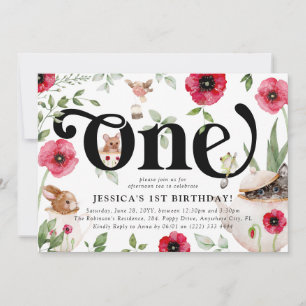 Cute Animal & Floral 'ONE' Tea Party 1st Birthday Kaart