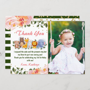 Cute Animal Friends Pink Floral Birthday Foto Bedankkaart