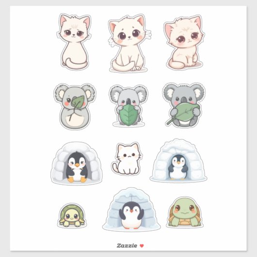 Cute Animal & Igloo Sticker Kit – Cartoon Creature (Feuille)