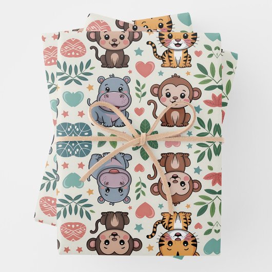 Cute animal pattern with monkeys, tigers inpakpapier vel
