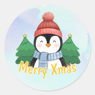 Cute Animal Penguin Blue Watercolor Merry Xmas Ronde Sticker
