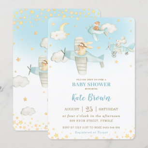 Cute Animals Airplanes Stars Sky Baby shower Boy Kaart
