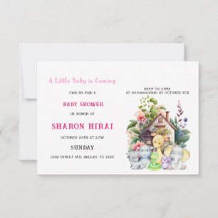 Cute Animals Baby Shower Uitnodiging   Roze   Hori