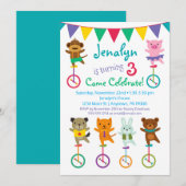 Cute Animals Birthday Invitation Unicycle Circus Kaart (Voorkant / Achterkant)
