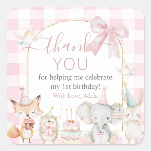 Cute Animals Fun To Be One 1st Birthday Pink Vierkante Sticker (Voorkant)