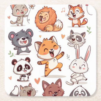 Cute Animals Sticker Sheet Adorable CSticker Vierkante Kartonnen Onderzetter
