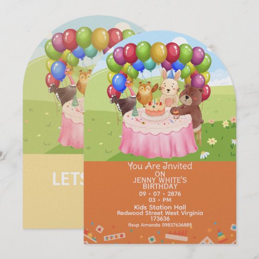 Cute Animals Themed kids Birthday Invitation (Devant / Derrière)
