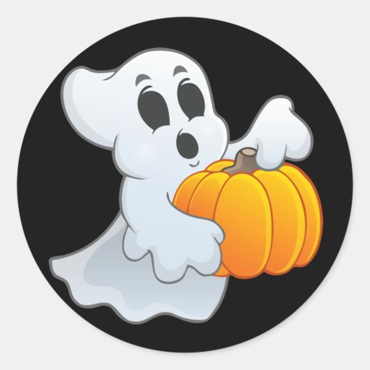 Cute animated Ghost met pompoen Ronde Sticker (Voorkant)