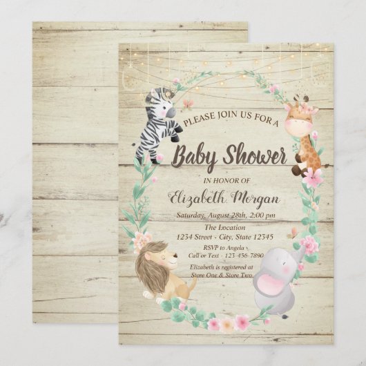 Cute Animaux Wood Texture Baby shower Invitation (Devant / Derrière)