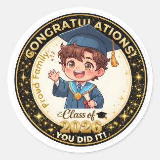 Cute Anime Boy Graduation Class of 2026 Gold  Ronde Sticker