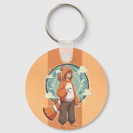 Cute Anime Boy in Clownfish Costume drinking Coffe Sleutelhanger (Voorkant)