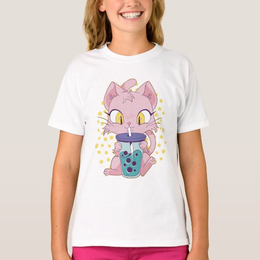 Cute anime cat drink boba tea t-shirt (Voorkant)