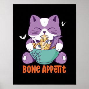 Cute Anime Cat Eat Ramen Bon Appetite Halloween Poster